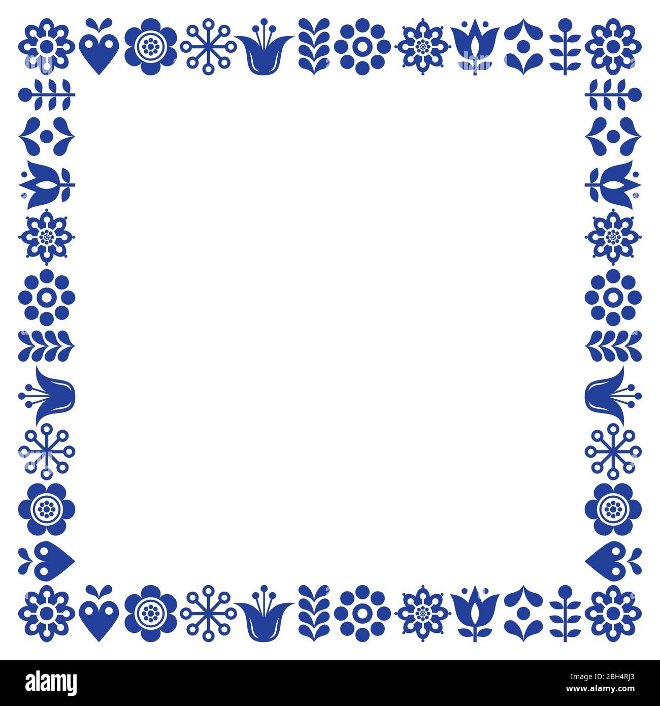 Décoration à cadre carré vectoriel et motif art folklorique scandinave avec fleurs, idéale pour les invitations à des cartes de vœux ou à des mariages, bordure fleurie mignonne bleu marine, fleurs Illustration de Vecteur