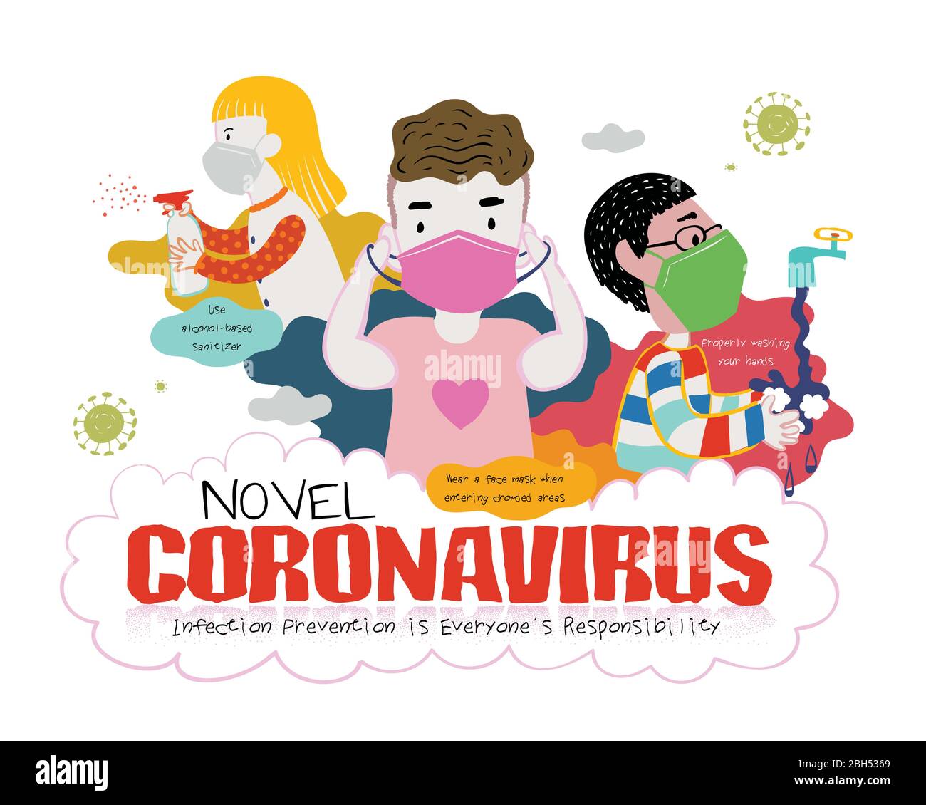 Les meilleures façons de combattre le coronavirus de Novel, y compris de se laver les mains, de mettre sur le masque et d'utiliser un spray désinfectant, illustration de promotion de la santé pour COVID-19 dans le doiche Illustration de Vecteur