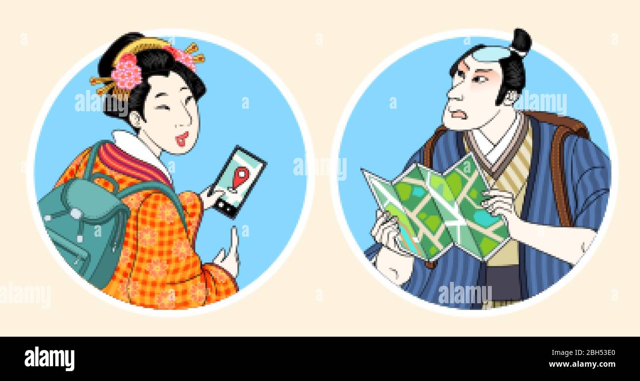 Backpacking Japan éléments, avec geisha utilisant smartphone et samouraï lecture de carte pour l'emplacement, isolé sur fond beige Illustration de Vecteur