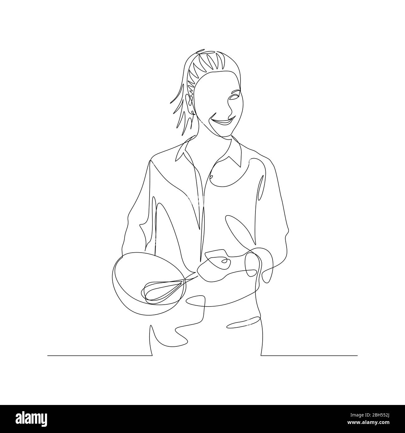 Une femme continue bat des œufs dans un bol avec un fouet. Thème culinaire, appareils de cuisine. Vecteur Illustration de Vecteur