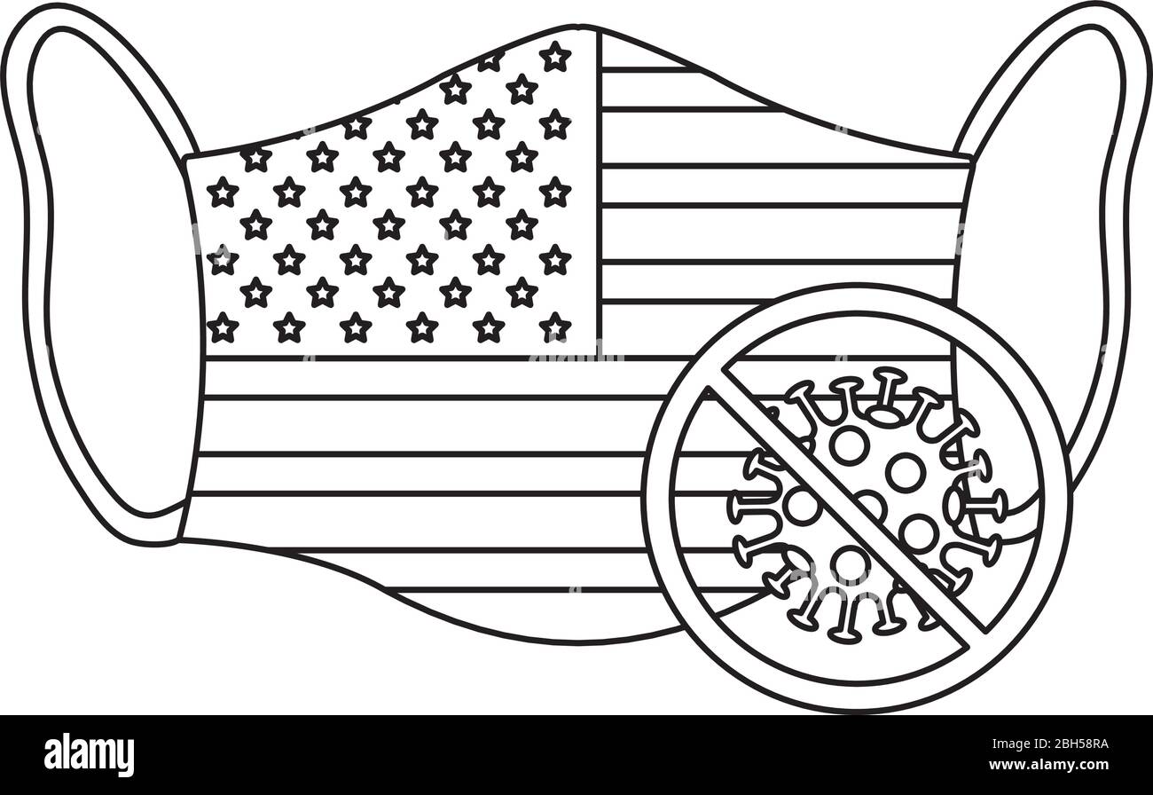masque facial avec drapeau des etats-unis et covid de particules 19 dans signal interdit Illustration de Vecteur