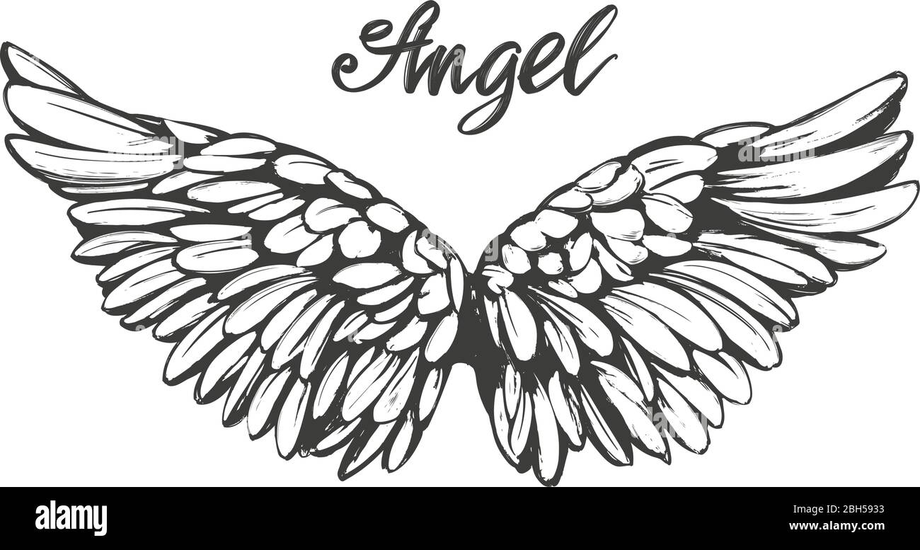 Angel Wings icône esquisse , texte calligraphique religieux symbole du christianisme dessiné à la main illustration vectorielle esquisse Illustration de Vecteur