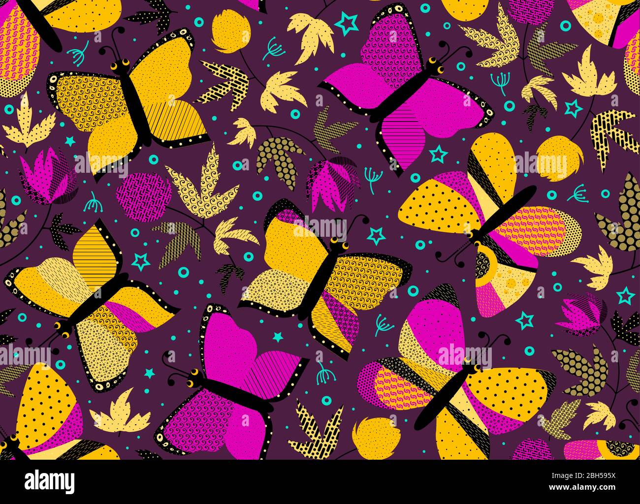 Papillons et fleurs sur fond rouge foncé. Motif fleuri sans couture pour l'été. Patch illustration vectorielle pour wrapper, tissu, linge Illustration de Vecteur