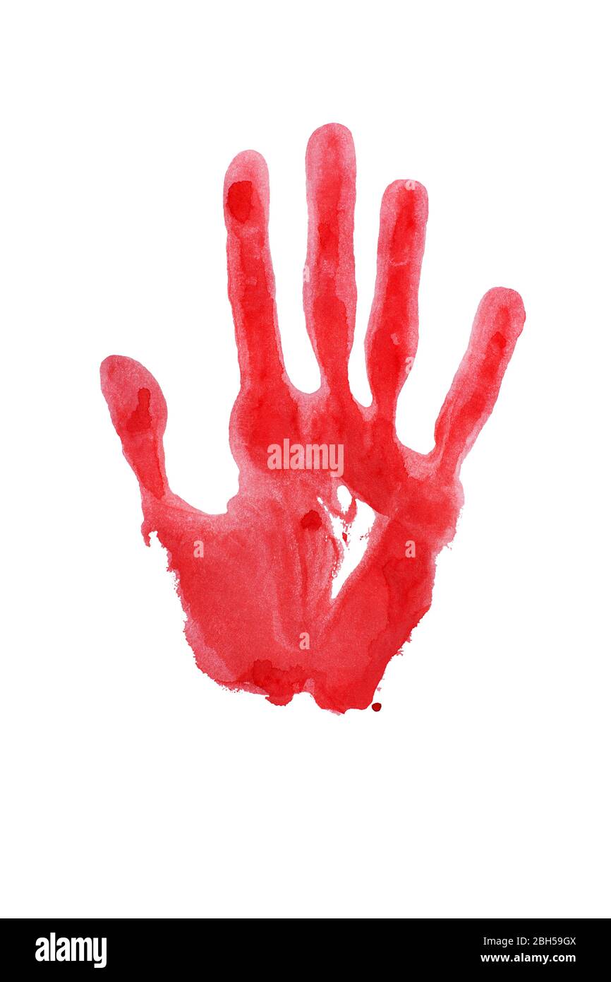 Imprimé aquarelle rouge de la main humaine sur fond blanc isolé gros ...