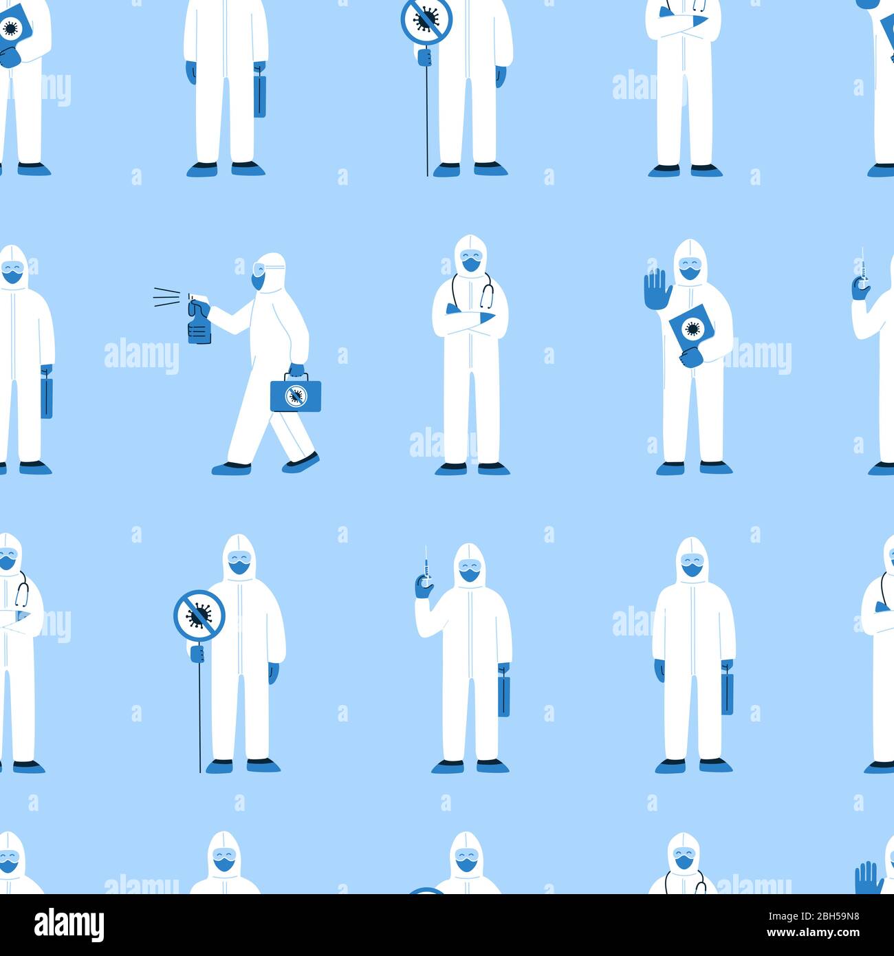 Motif moderne sans couture vectoriel dans un style plat. Texture sans fin avec des personnes en costume blanc noisette isolé sur bleu. Arrêter le coronavirus COVID-19. Médecins Illustration de Vecteur