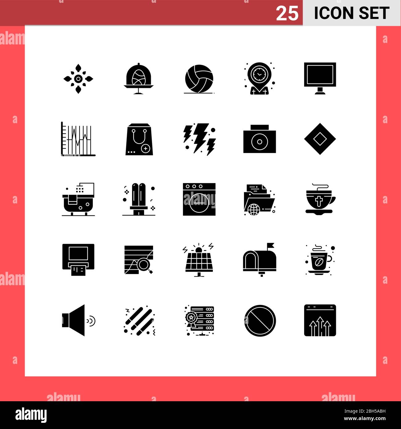 Jeu de 25 glyphes pleins vectoriels sur la grille pour le temps, l'emplacement, la nourriture, la géo, les éléments de conception vectoriel modifiables de jeu Illustration de Vecteur