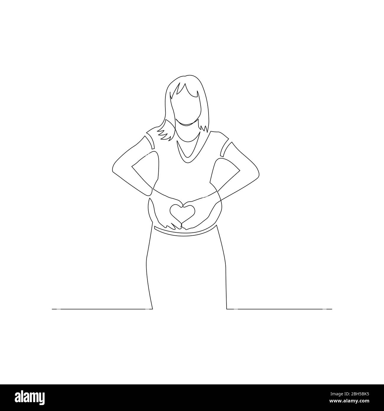Une femme enceinte continue d'une ligne montre un signe de coeur avec ses mains sur son estomac. Illustration vectorielle. Illustration de Vecteur