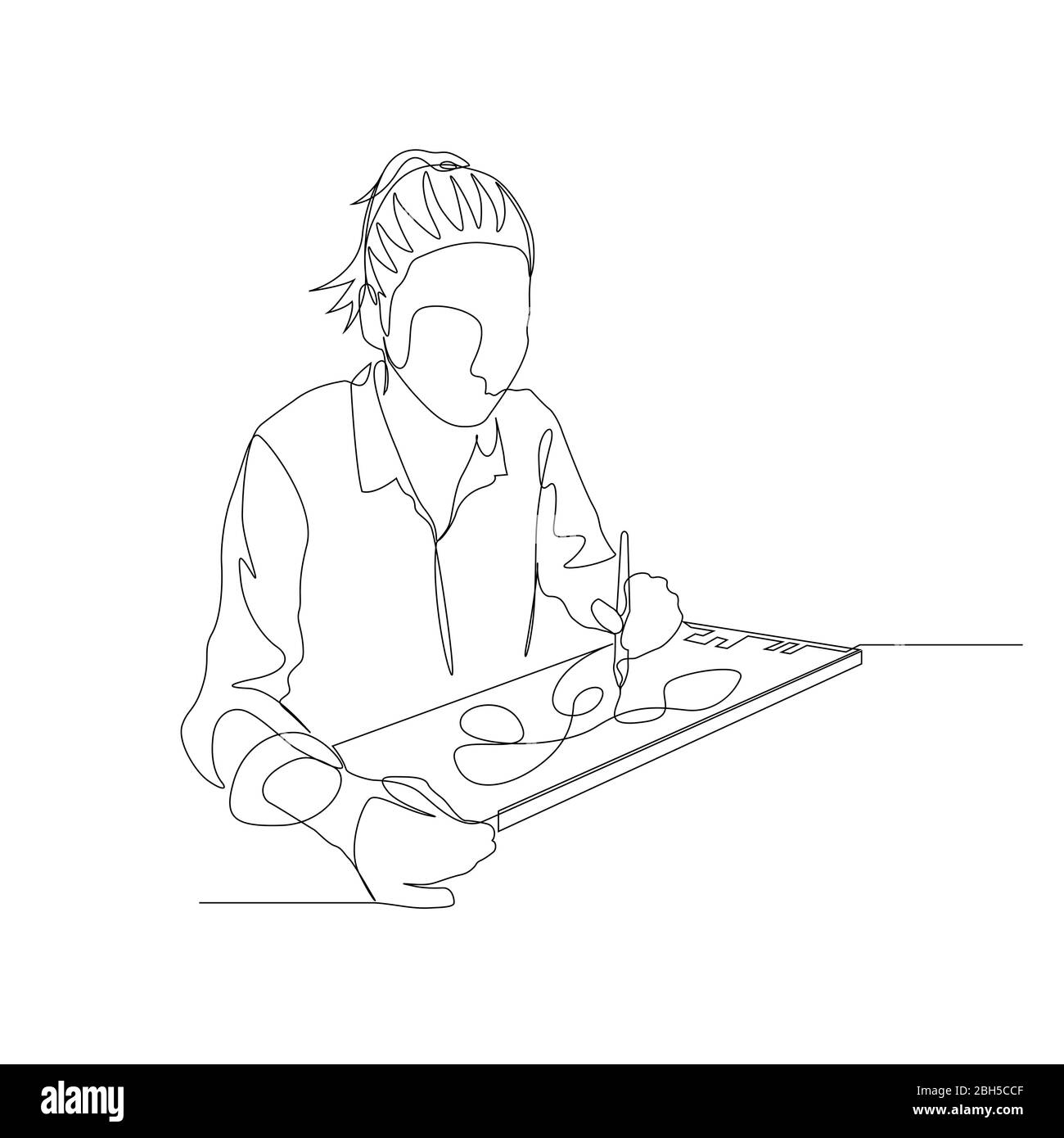 Femme continue d'une ligne dans le dessin de chemise avec une tablette graphique d'aide. Artiste numérique. Vecteur Illustration de Vecteur