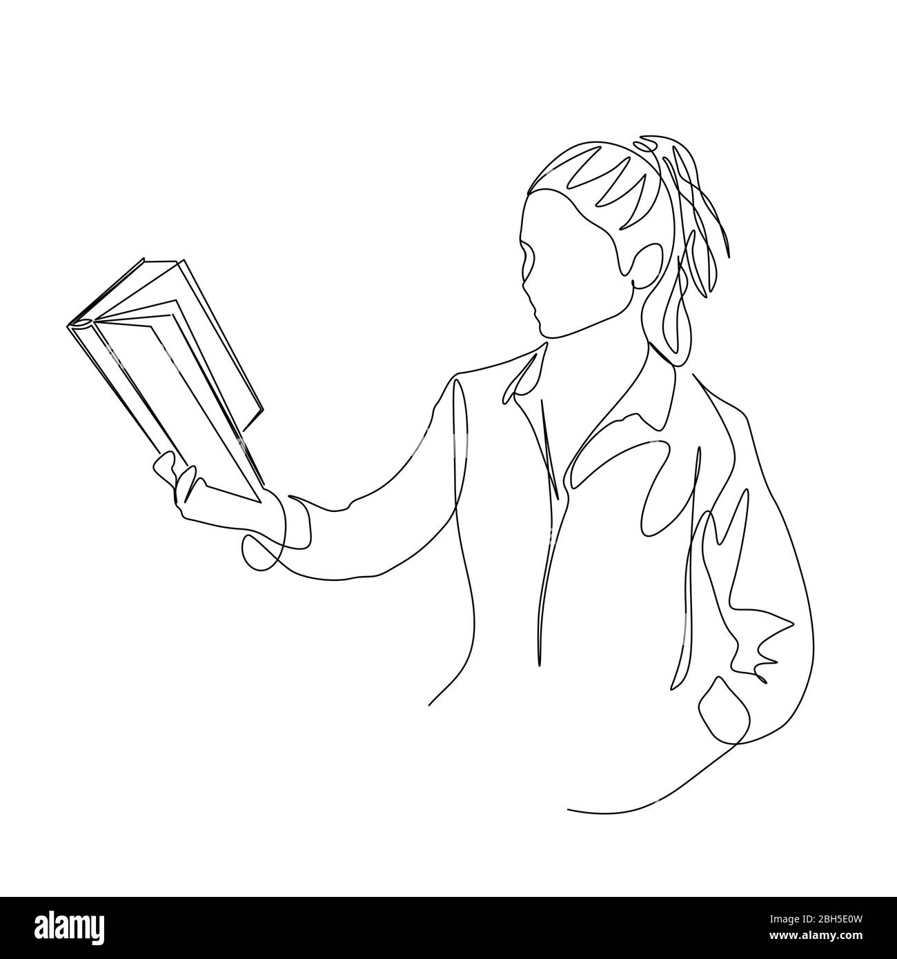 Une femme continue de ligne tient un livre dans sa main et lire. Thème de l'éducation. Vecteur Illustration de Vecteur