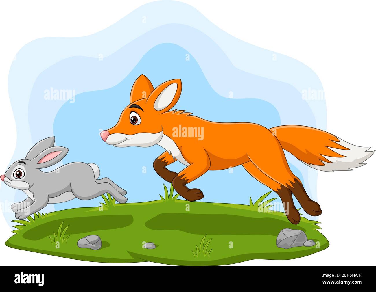 Lapin de dessin animé chassé par le renard dans la forêt Illustration de Vecteur