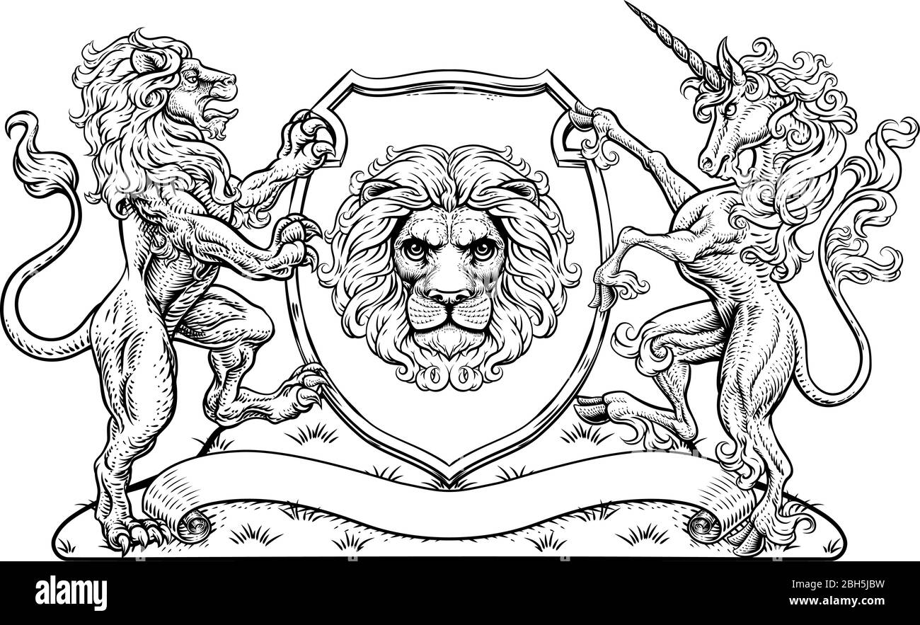 Manteau d'armoiries Unicorn Lion Crest Shield Family Seal Illustration de Vecteur