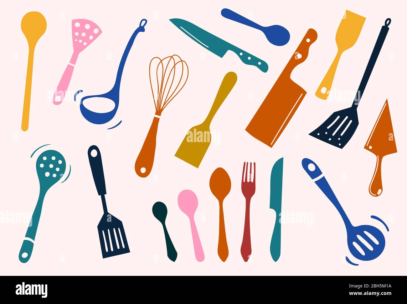 Jeux colorés d'outils de cuisine silhouette: Bêche, louche, couteau, cuillère, fourchette, spatule, pétrir, icône pour la cuisine et le repas, créer par vecteur Illustration de Vecteur