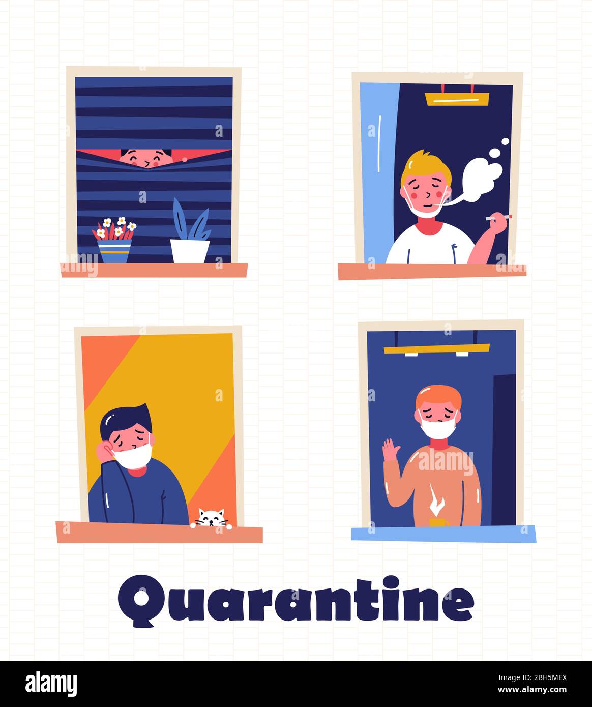 Restez à la maison bannière de motivation. Les gens dans les fenêtres qui restent à la maison en raison de la quarantaine, du travail, de l'étude, de la guitare, de la lecture. Illustration de Vecteur