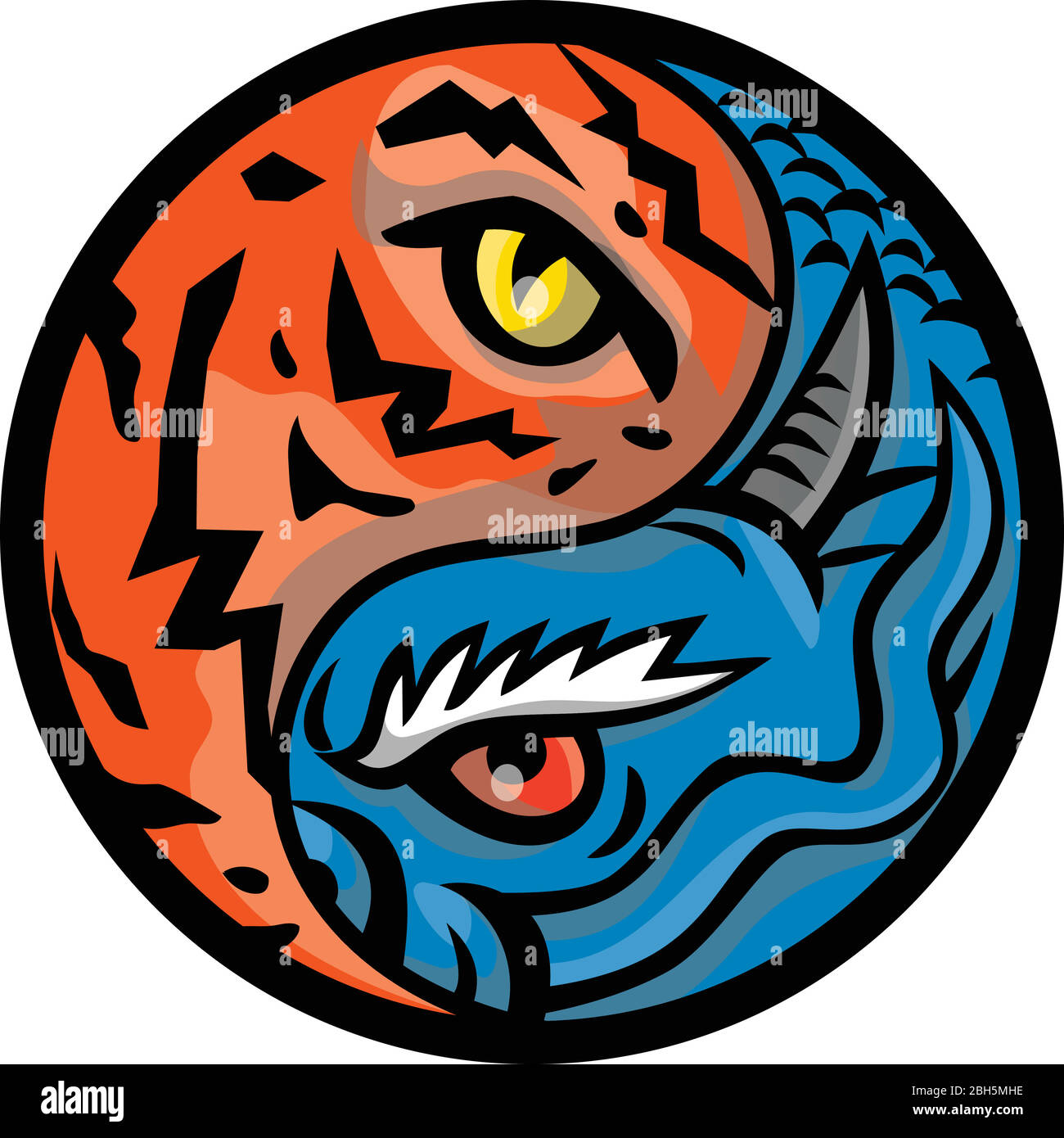 Icône mascotte illustration de dragon et œil de tigre à l'intérieur de Yin yang forme de symbole vue de l'avant ensemble à l'intérieur du cercle sur un arrière-plan isolé dans le style rétro Illustration de Vecteur