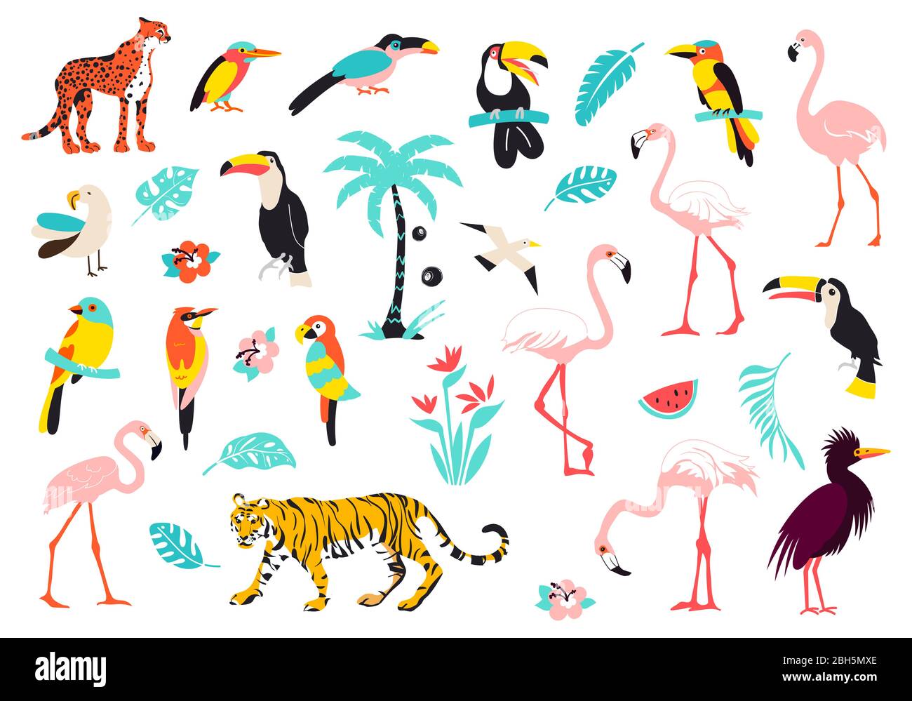 Tropic paradis animaux fleurs et plantes. Ensemble vectoriel de forêt tropicale. Illustration de Vecteur