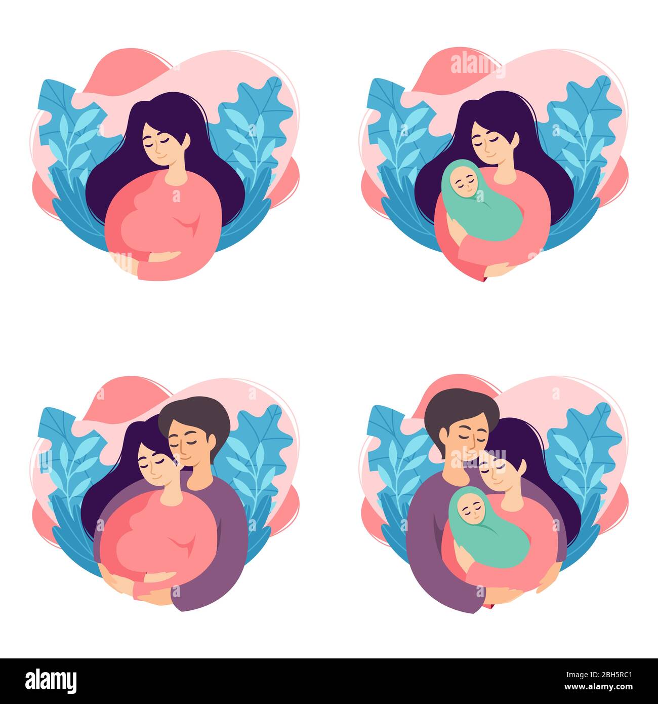 Illustrations vectorielles du concept grossesse et parent. Ensemble de scènes avec la femme enceinte, la mère tenant le nouveau-né, les futurs parents attendent bébé, m Illustration de Vecteur