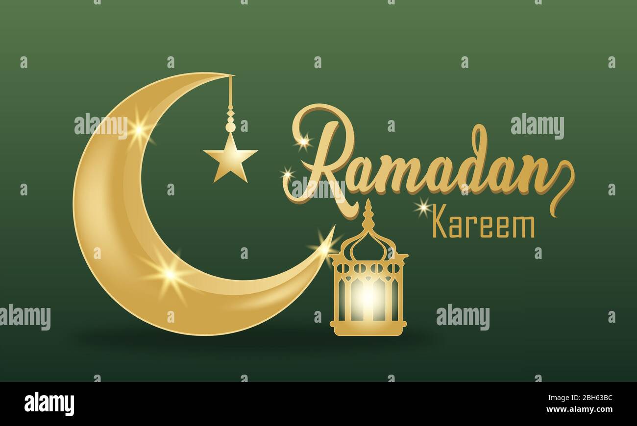 Ramadan Kareem conception islamique, croissant doré lune et lanterne dorée, sur fond vert avec un gradient. Illustration de Vecteur