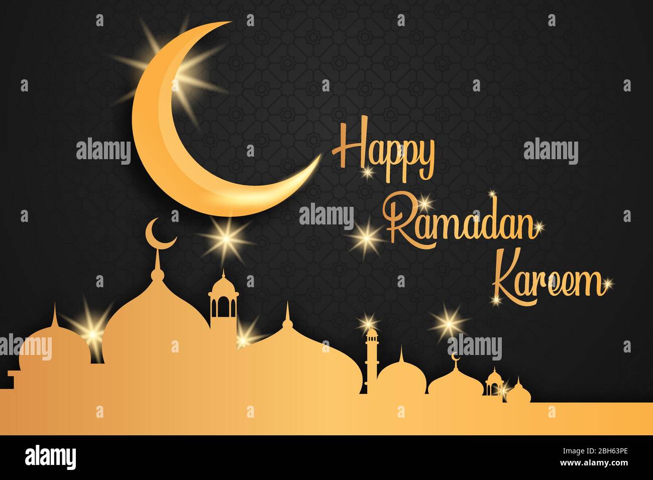 Bonne bannière ramadan kareem, illustration de la lune dorée et de la silhouette de la mosquée dorée, sur fond noir. Illustration de Vecteur