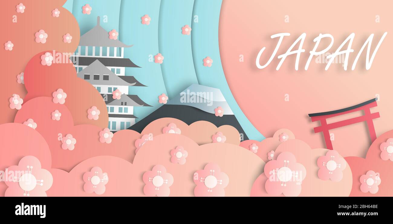 Affiche en papier de style art de site touristique au Japon, composée du Mont Fuji, du château d'Osaka et de la porte de Torii, avec un arbre sakura en premier plan. Illustration de Vecteur