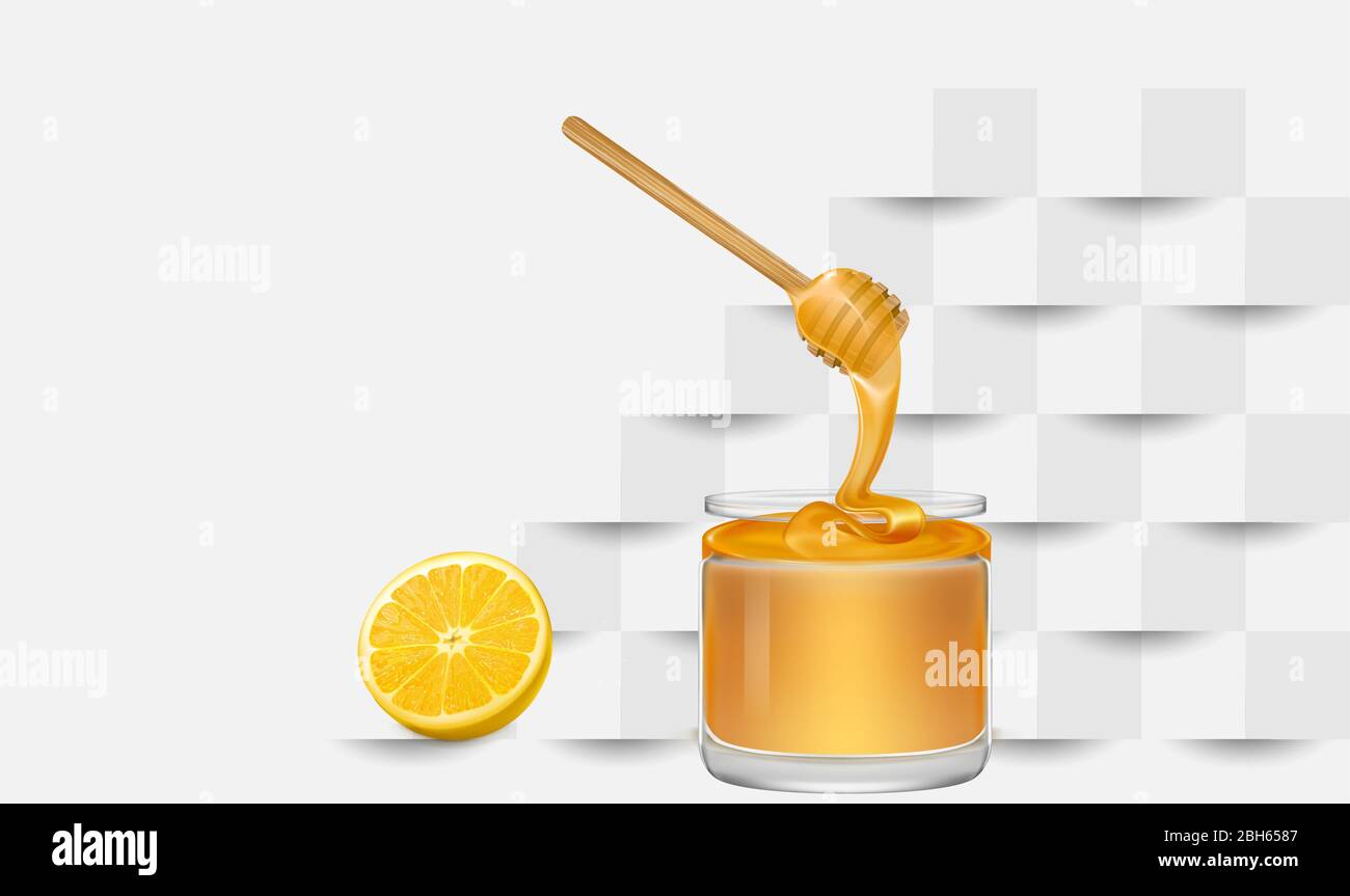 miel de citron dans un pot sur fond de papier coupé Illustration de Vecteur