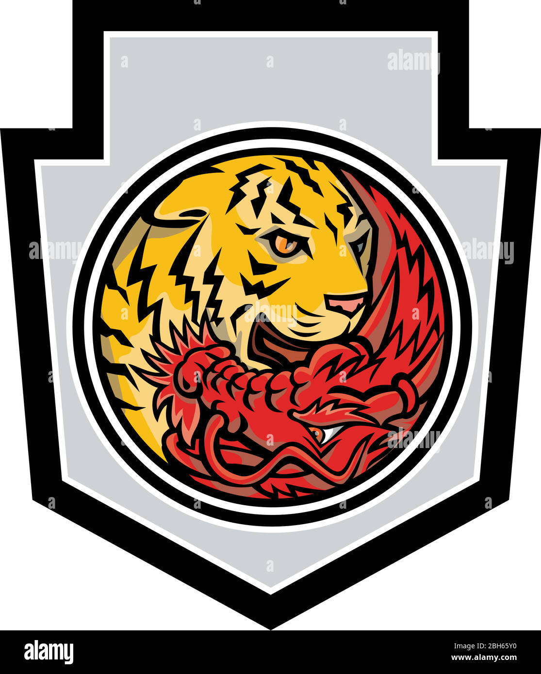 Icône mascotte illustration du dragon rouge chinois et œil de tigre à l'intérieur de Yin yang symbole forme vue de l'avant ensemble à l'intérieur du cercle sur l'arrière-plan isolé i Illustration de Vecteur