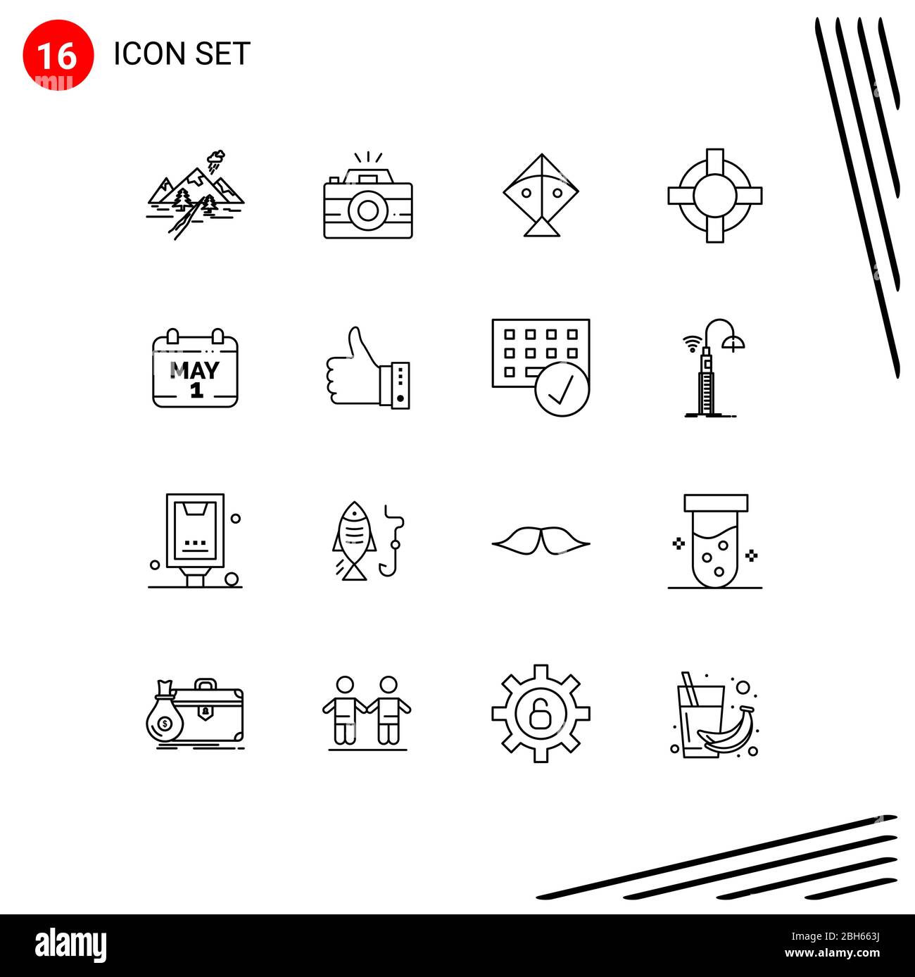 Pack d'icônes vectorielles de 16 symboles et signes de ligne pour le jour, le calendrier, la photographie, le support, aide éléments de conception vectorielles modifiables Illustration de Vecteur