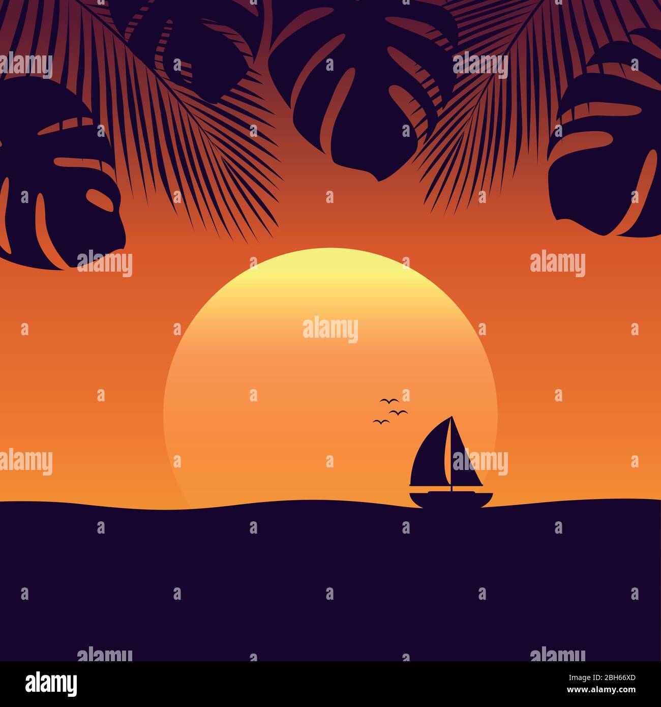 Coucher de soleil en mer avec Yacht marine nature paysage avec voilier et illustration vectorielle de palmiers EPS10 Illustration de Vecteur