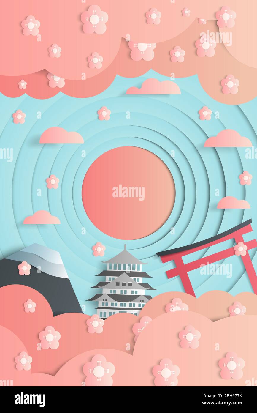 Affiche en papier de style art de site touristique au Japon, composée du Mont Fuji, du château d'Osaka et de la porte de Torii, avec un arbre sakura en premier plan. Illustration de Vecteur