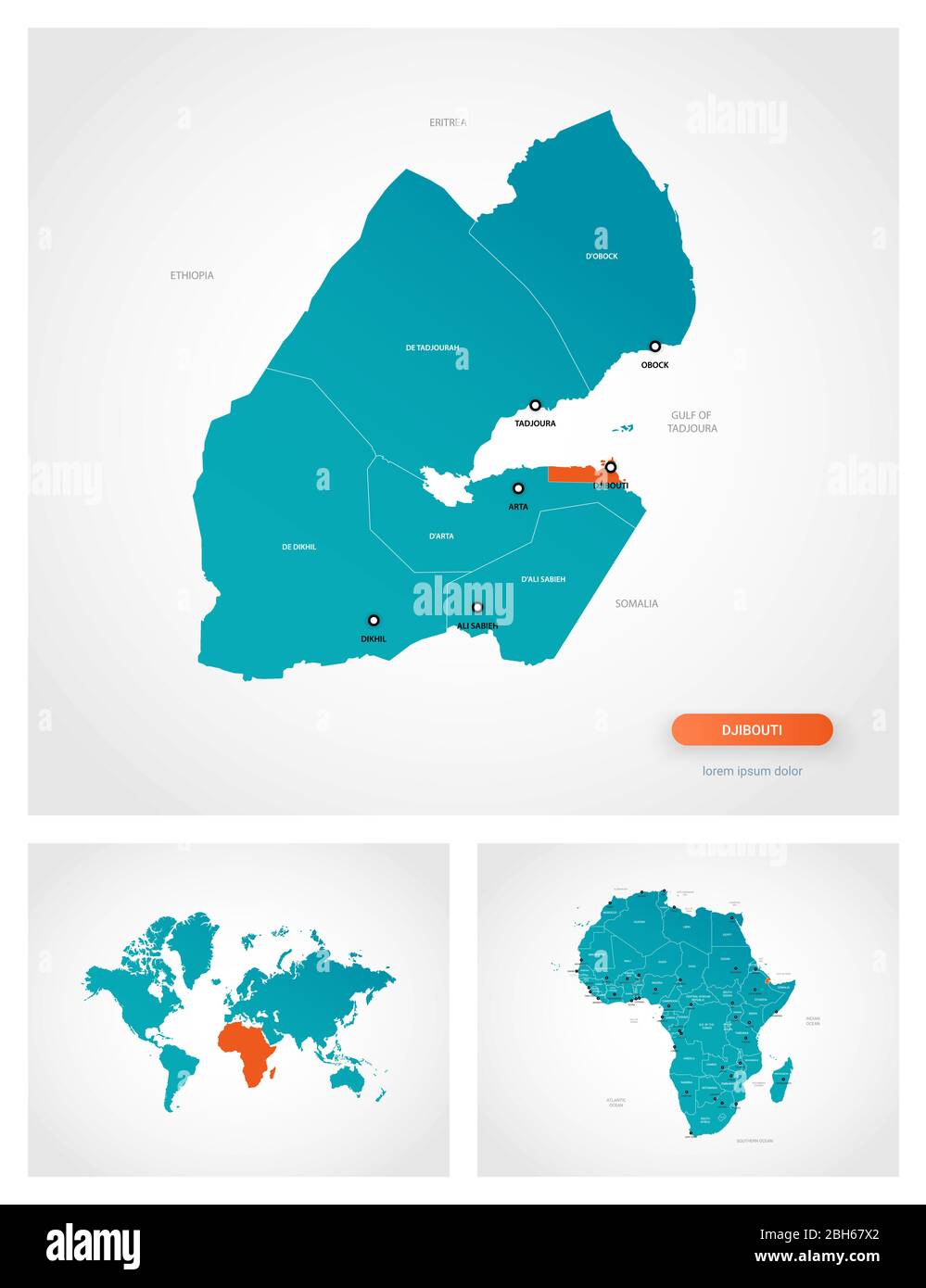 Modele Modifiable De Carte De Djibouti Avec Des Marques Djibouti Sur La Carte Du Monde Et Sur La Carte De L Afrique Image Vectorielle Stock Alamy