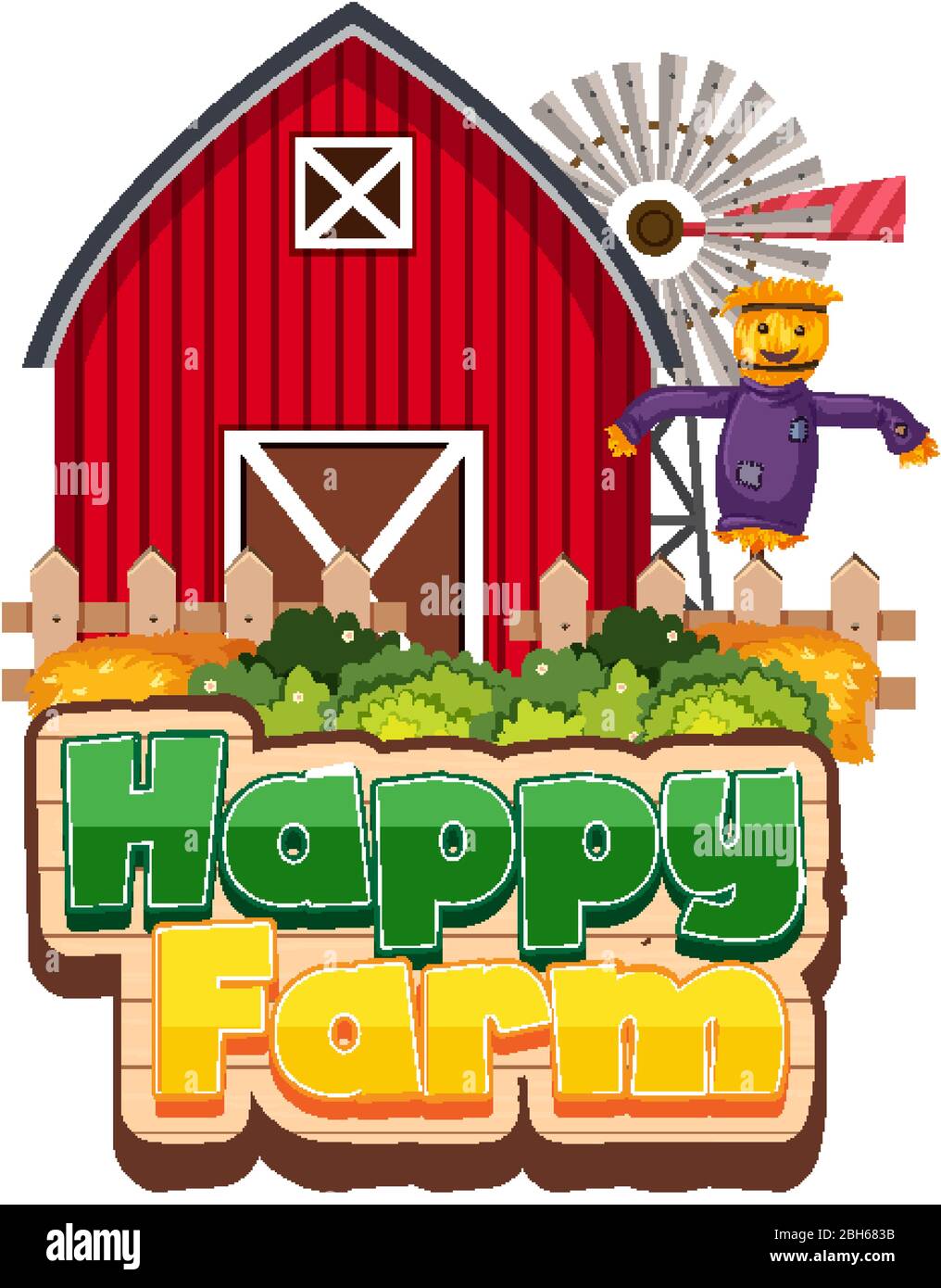 Police design pour ferme heureuse avec scarecrow et l'illustration grange Illustration de Vecteur