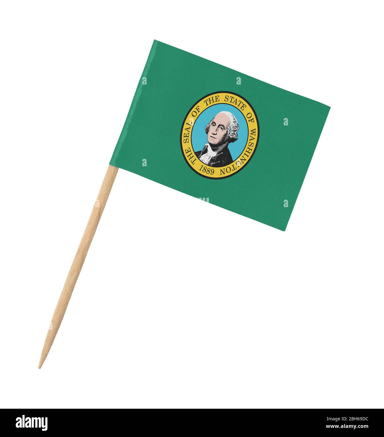 Petit drapeau américain sur bâton en bois - Washington - isolé sur blanc Banque D'Images
