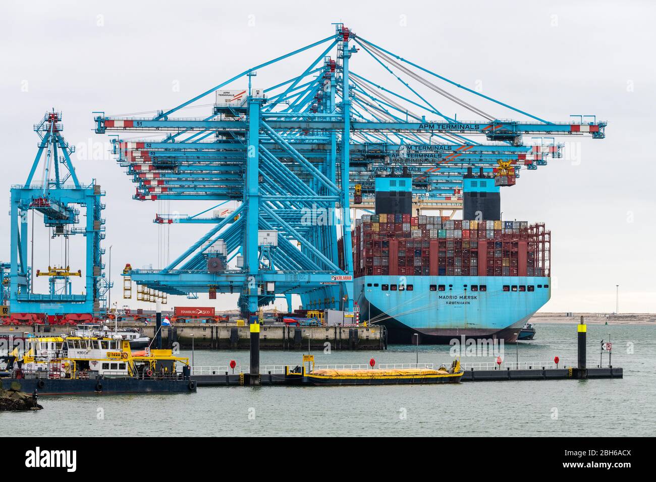 ROTTERDAM, MAASVLAKTE, PAYS-BAS - 15 MARS 2020: Le bateau à conteneurs Madrid Maersk est amarré aux terminaux APM du Maasvlakte , port de Rotte Banque D'Images