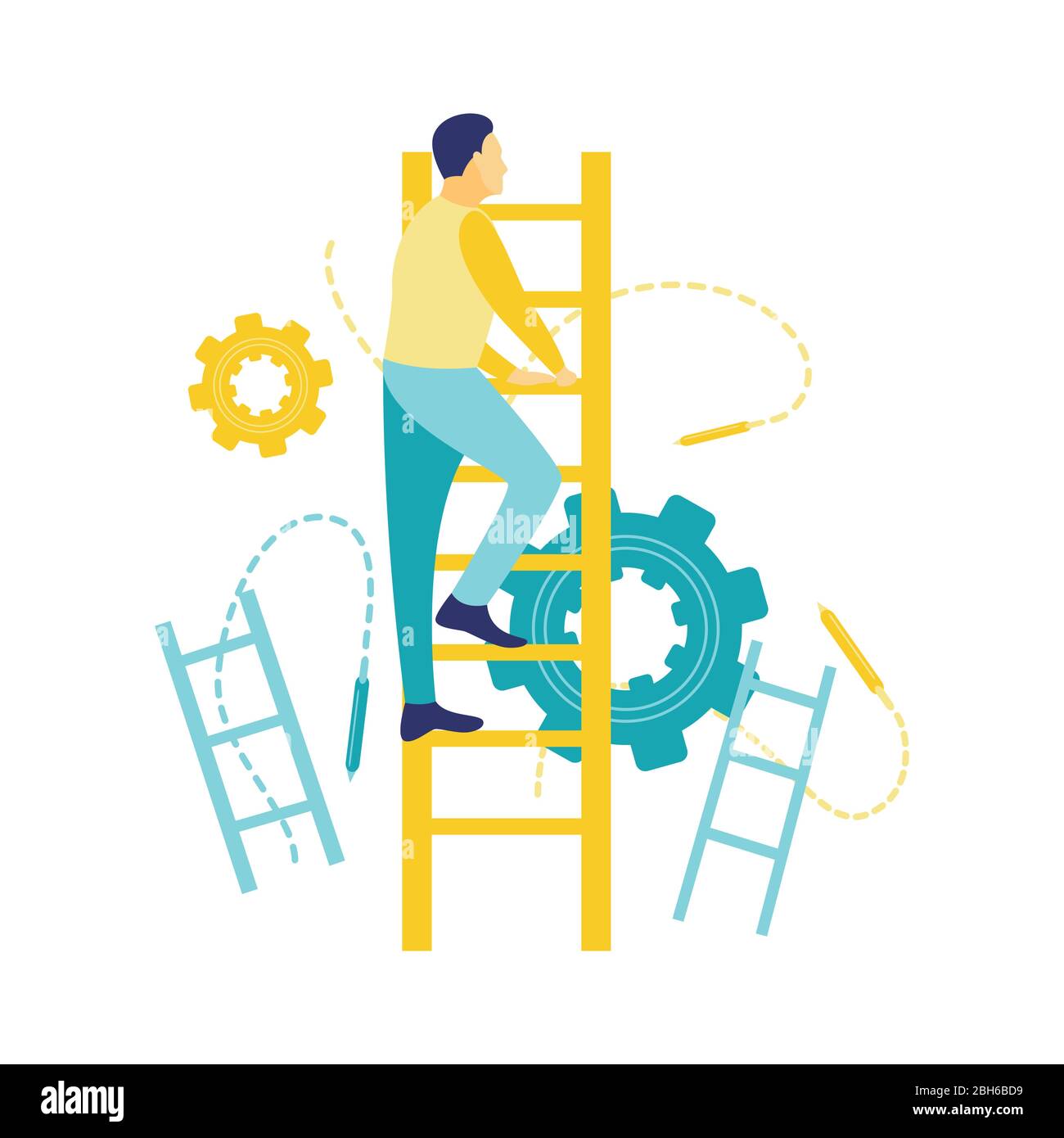 Illustration vectorielle plate, concept de carrière d'un homme grimpant une échelle dans le style plat bleu et jaune. Illustration de Vecteur