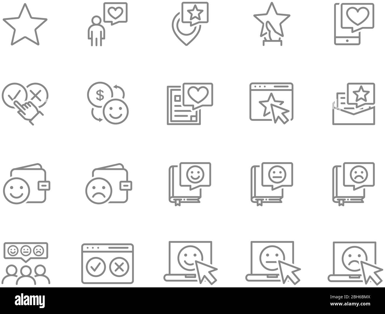 Ensemble d'icônes de ligne de feedback. Don, partager une note, message d'amour, vote en ligne, revue positive et plus encore. Illustration de Vecteur