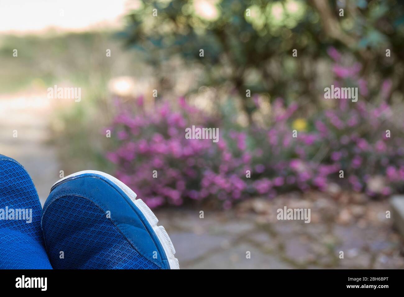 Parties de pantoufles bleues dans les pieds surélevés devant un jardin intentionnellement flou avec des fleurs, concept image pour le repos, la relaxation et les loisirs Banque D'Images