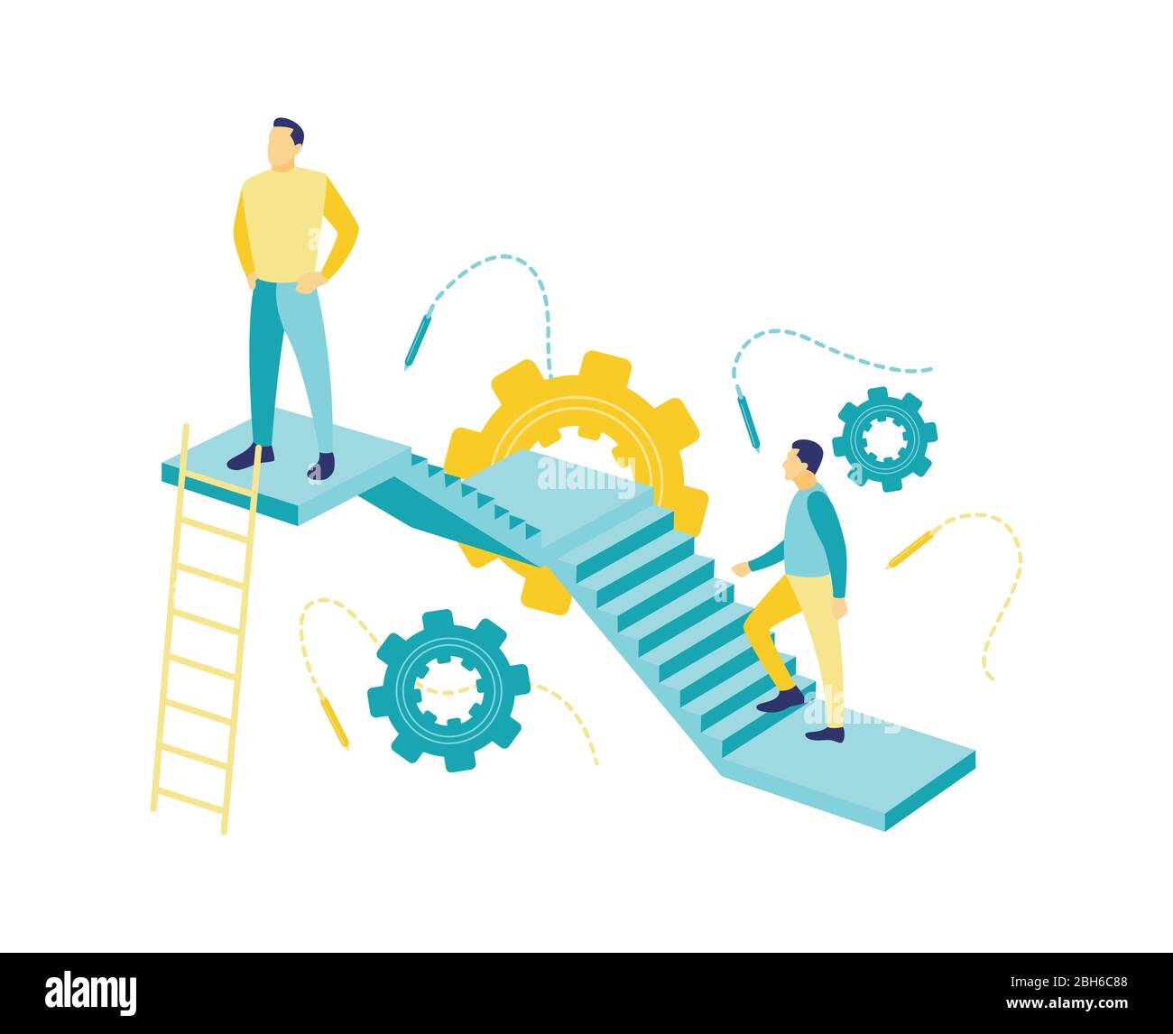 Illustration vectorielle plate d'un concept d'affaires, un jeune homme d'affaires confiant debout sur un escalier avec son collègue qui le suit. Illustration de Vecteur