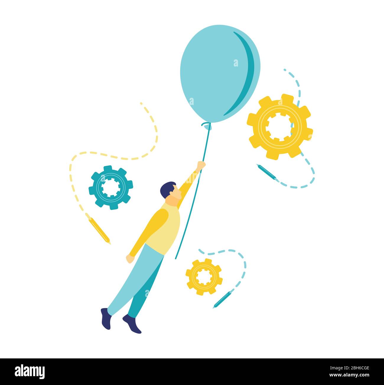 Illustration vectorielle plate en bleu et jaune. Un homme vole tenir un ballon bleu sur un fond blanc. Illustration de Vecteur Illustration vectorielle plate en bleu et jaune. Un homme vole tenir un ballon bleu sur un fond blanc. Illustration de Vecteur