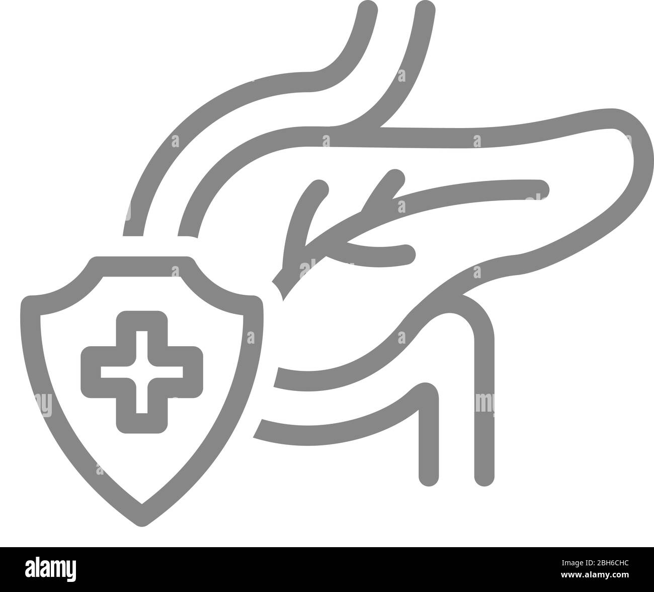 Icône de la ligne de pancréas protégée. Premiers soins pour les organes humains, les maladies digestives et endocriniennes symbole Illustration de Vecteur