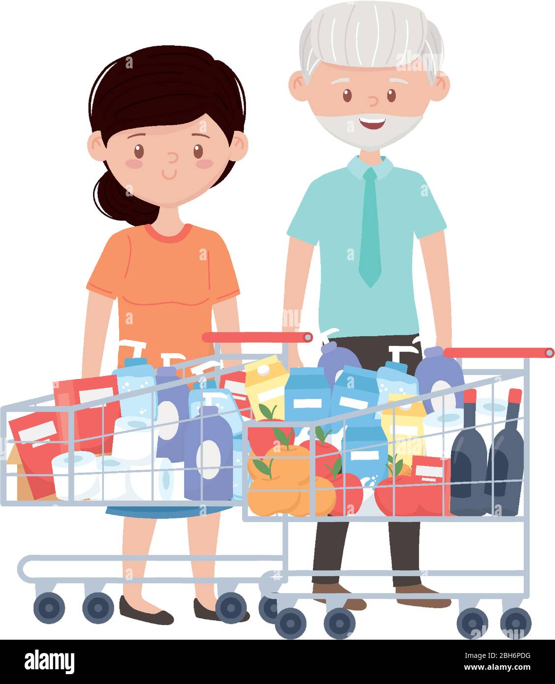 Vieux homme et femme shopping avec charrettes conception du commerce magasin de marché magasin de détail acheter payer banque et consumérisme thème illustration vectorielle Illustration de Vecteur