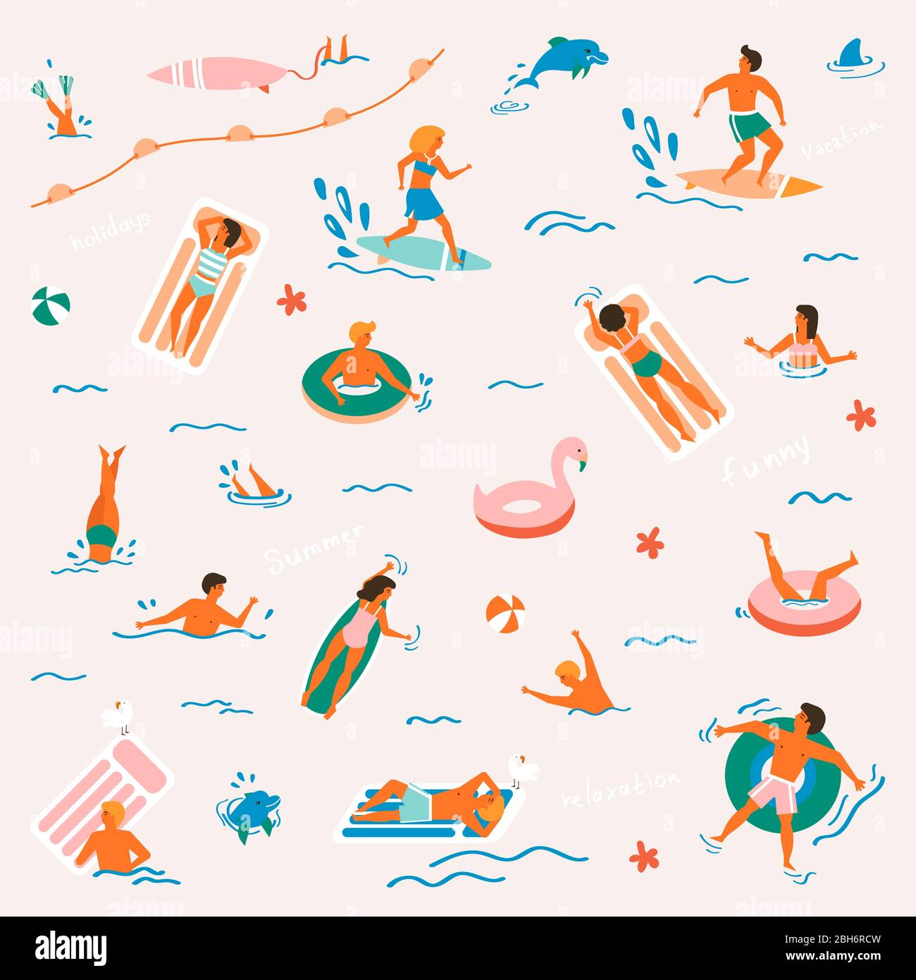 Illustration de plage de temps d'été dans vecteur. Les gens nagent, s'amuser, bronzer et se détendre dans l'océan. Illustration de Vecteur