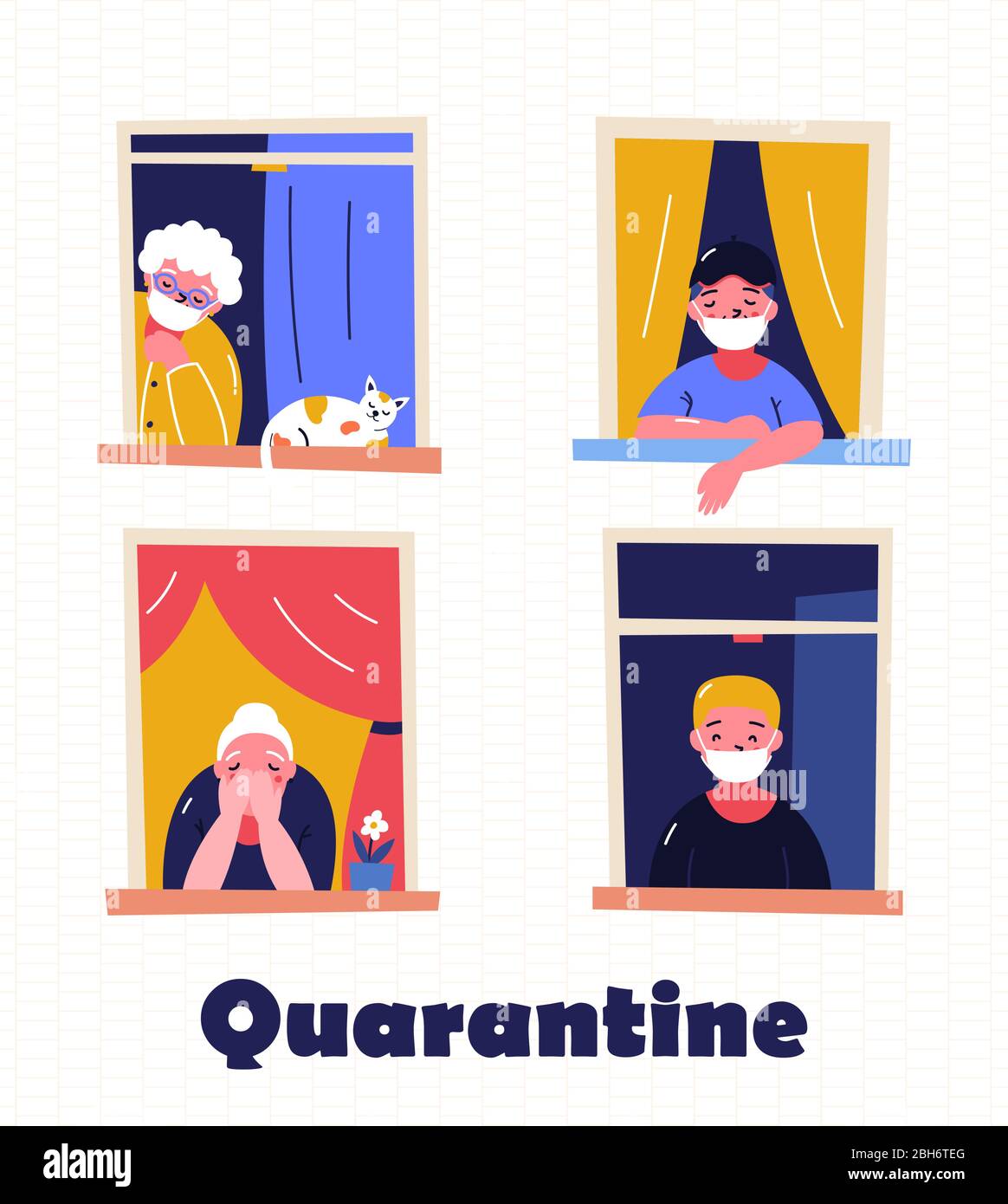 Restez à la maison bannière de motivation. Les gens dans les fenêtres qui restent à la maison en raison de la quarantaine, du travail, de l'étude, de la guitare, de la lecture. Maisons en briques devant. Illustration de Vecteur