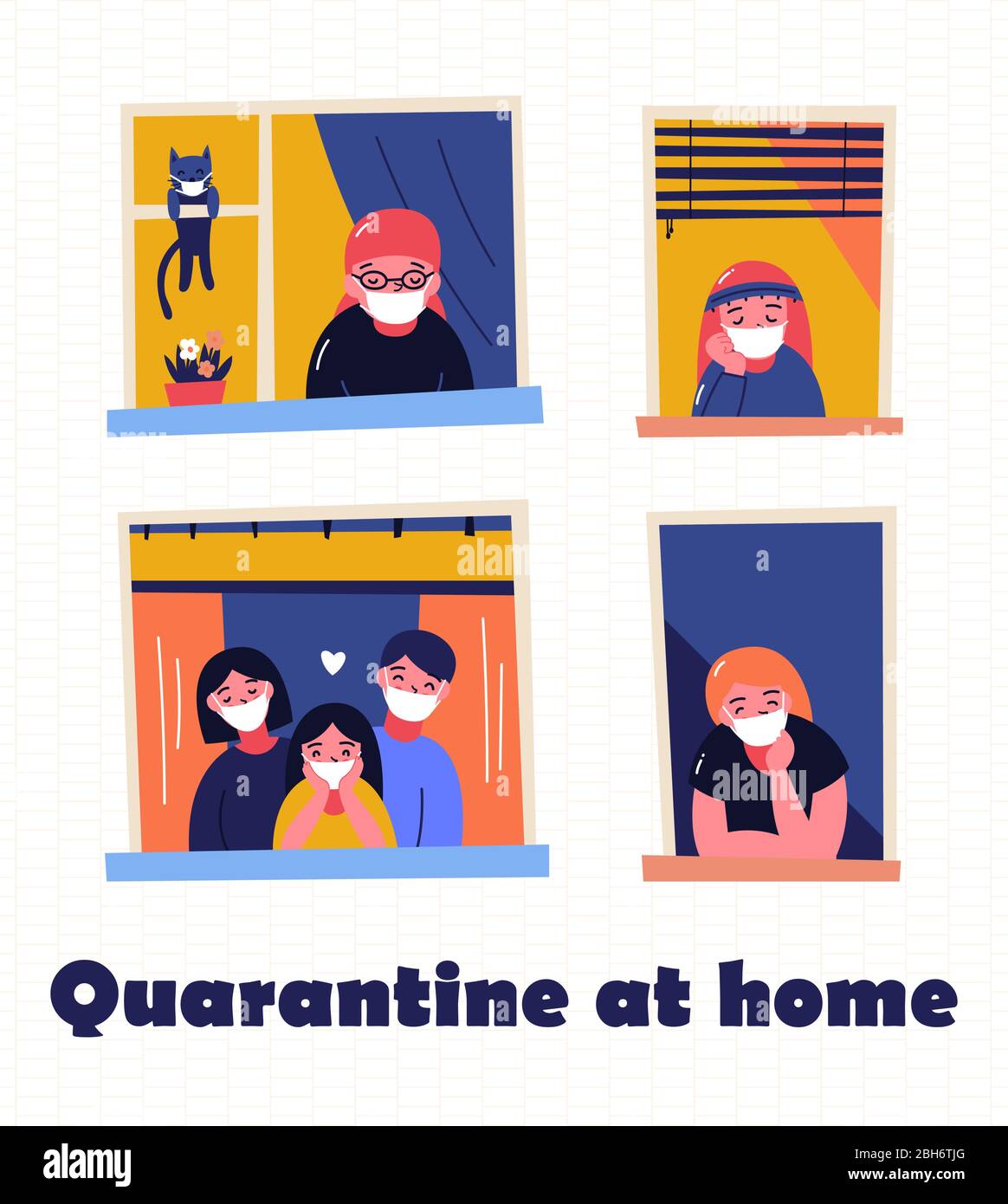 Restez à la maison bannière de motivation. Les gens dans les fenêtres qui restent à la maison en raison de la quarantaine, du travail, de l'étude, de la guitare, de la lecture. Maisons en briques devant. Illustration de Vecteur