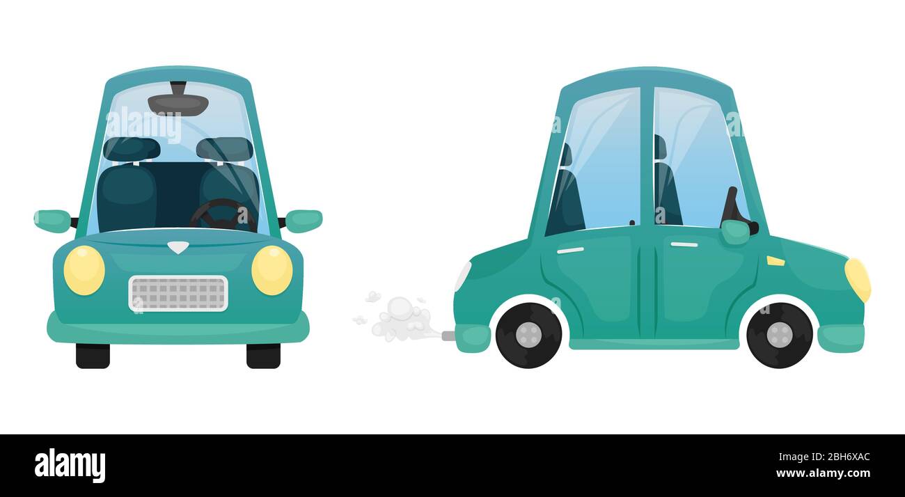 Illustration vectorielle avec une voiture de dessin animé bleue. Vue latérale et avant. Voiture privée. Illustration de Vecteur