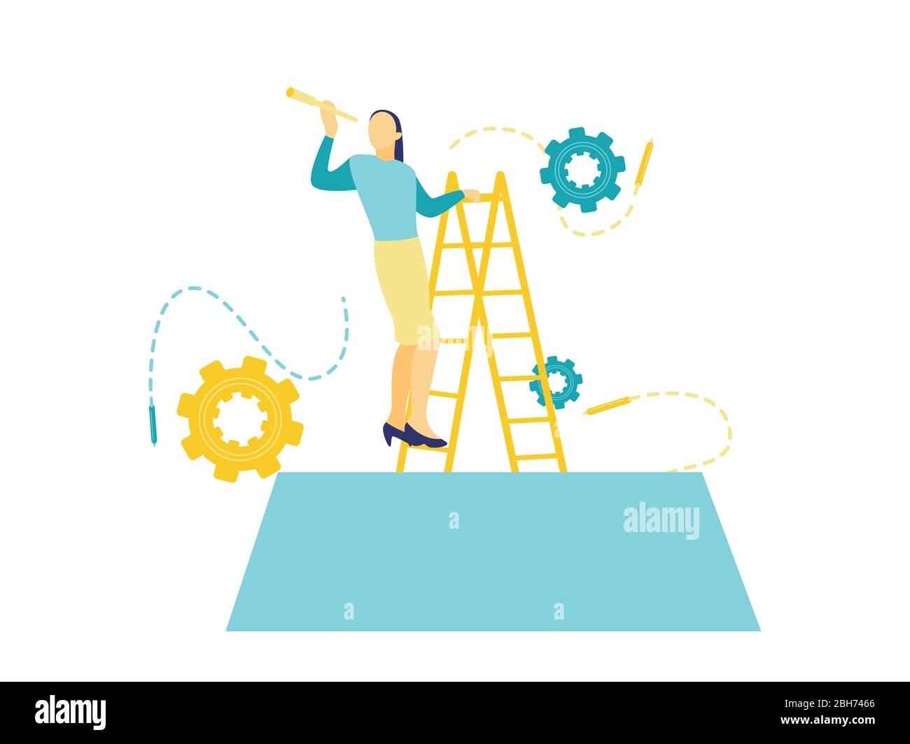 Illustration vectorielle plate d'un concept d'affaires en bleu et jaune, la jeune femme d'affaires utilise le télescope à la recherche d'un succès avec des échelles d'escalade. Illustration de Vecteur