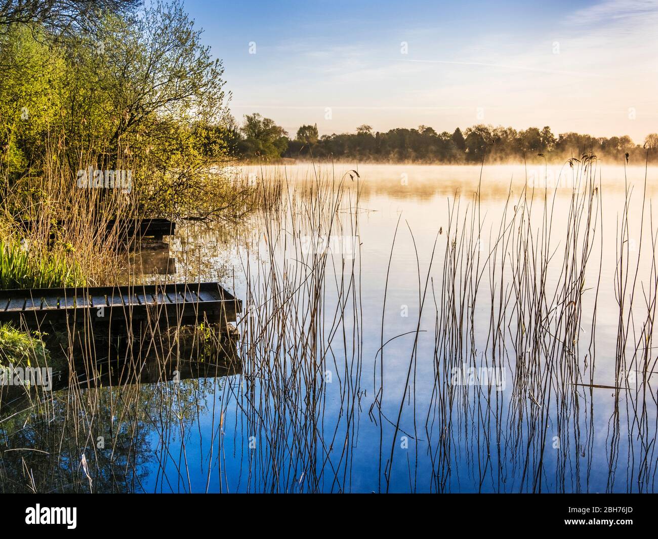 Pontons de pêche à Coate Water à Swindon. Banque D'Images