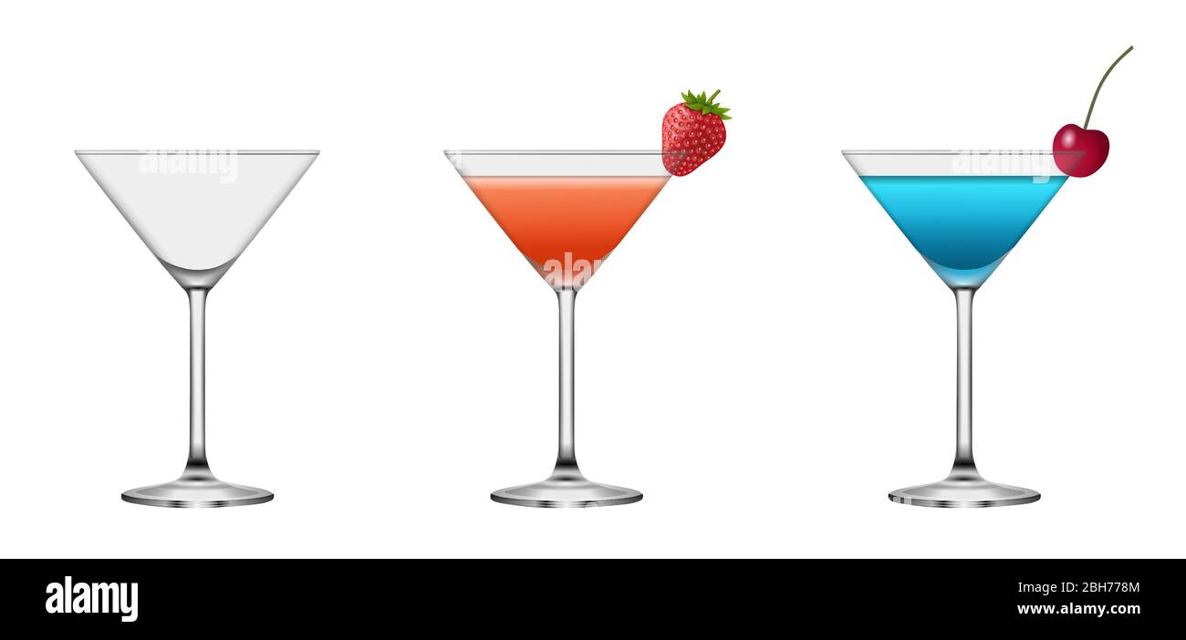 Ensemble de verres à cocktail vides et complets. Cocktails avec vecteur de cerise et de fraise Illustration de Vecteur