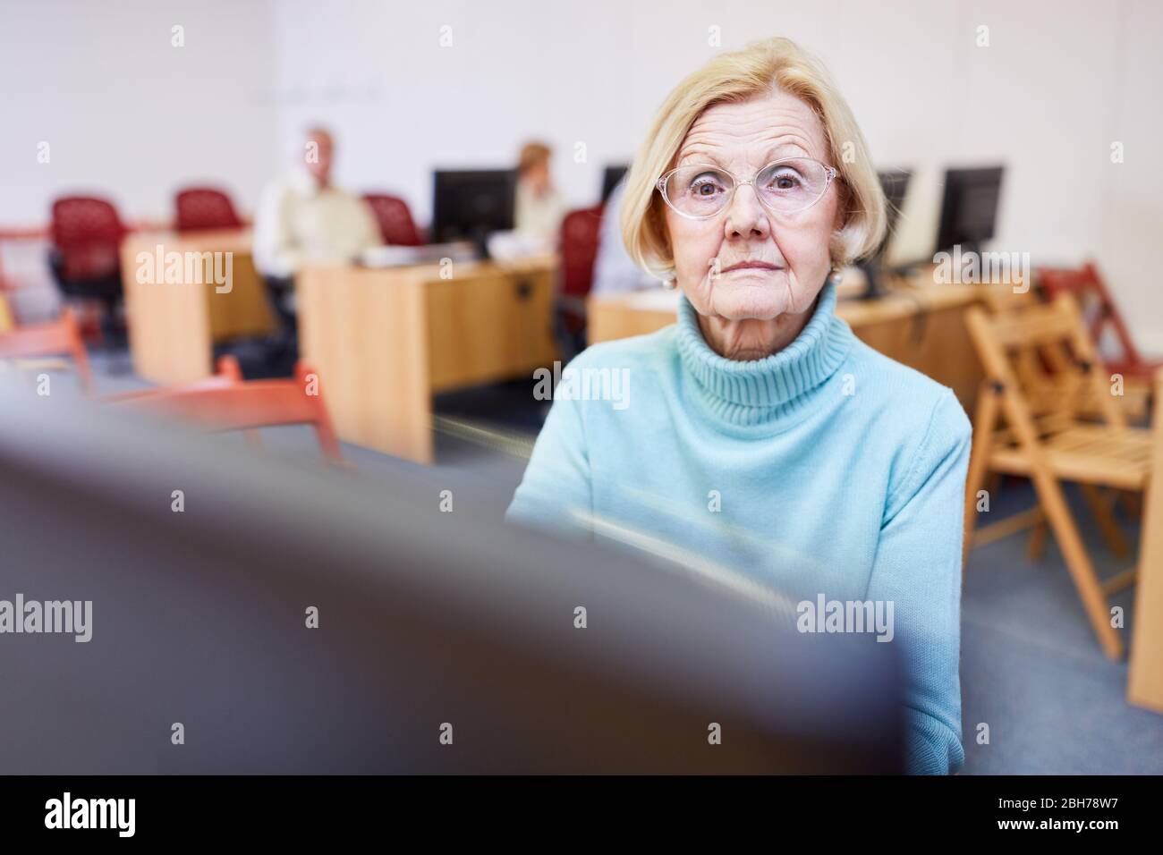 Les personnes âgées en tant que pensionné apprennent à utiliser Internet sur un PC dans un cours informatique Banque D'Images