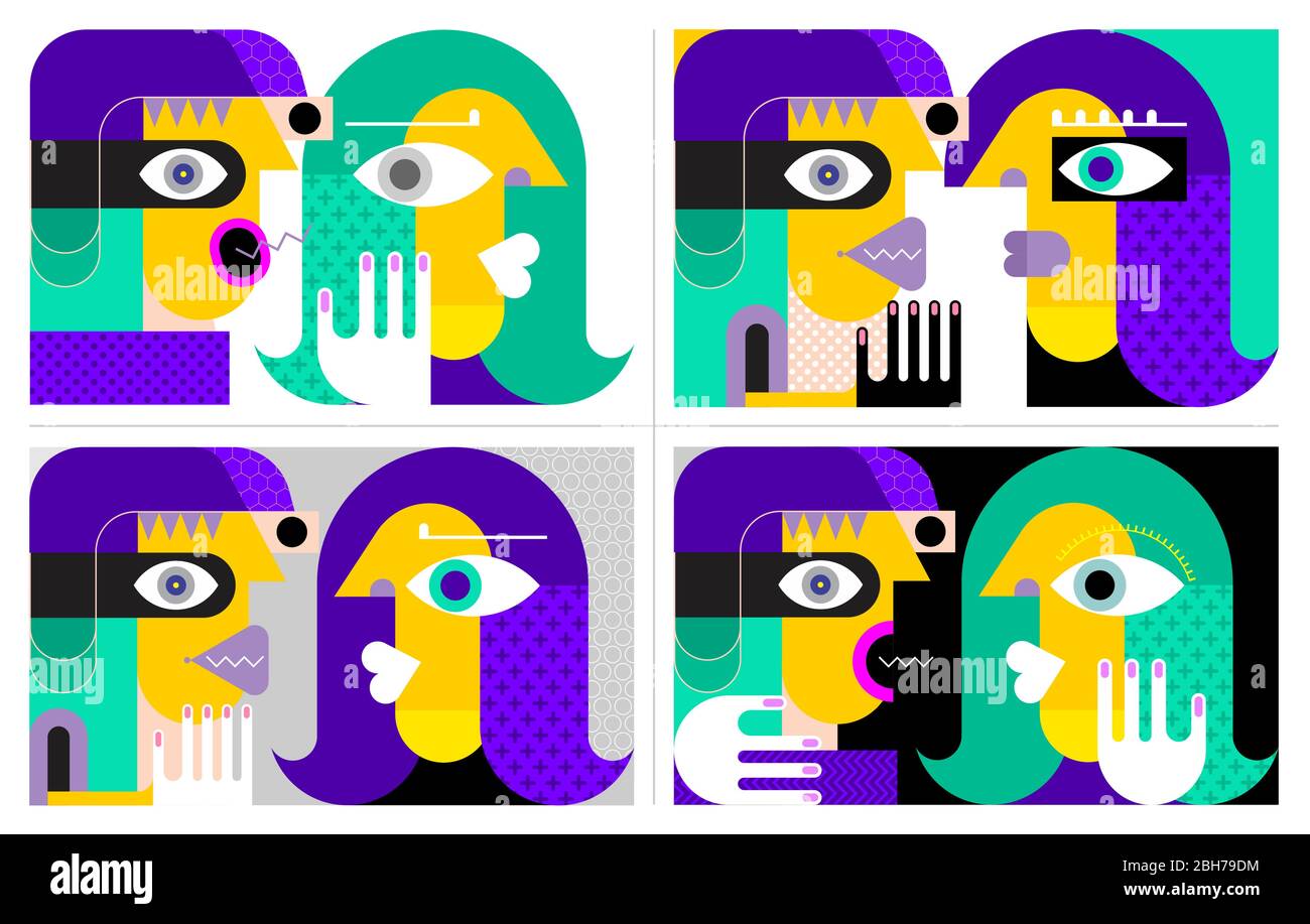 Quatre options de personnes parlant l'illustration vectorielle. Deux personnes se parlent. Motif de style art moderne. Illustration de Vecteur