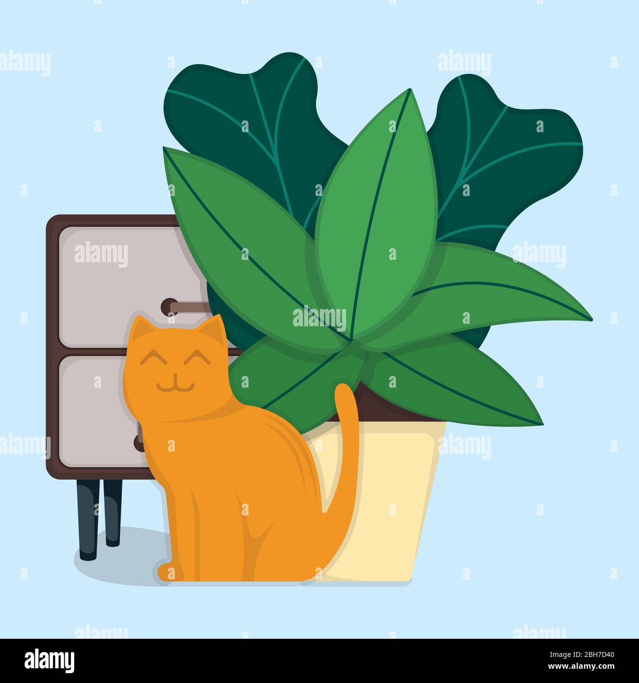 Pied de pot vert à feuilles assises Cat près de la table de chevet isolé sur une illustration vectorielle plate blanche. Intérieur confortable, pot de fleurs de repos animal. Illustration de Vecteur