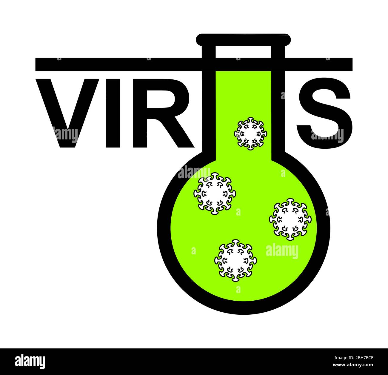 Le mot virus avec une lettre stylisée u, sous forme de flacon avec virus, coronavirus, 2019-nCov, covid-19. Image vectorielle plate moderne pour l'article, Illustration de Vecteur